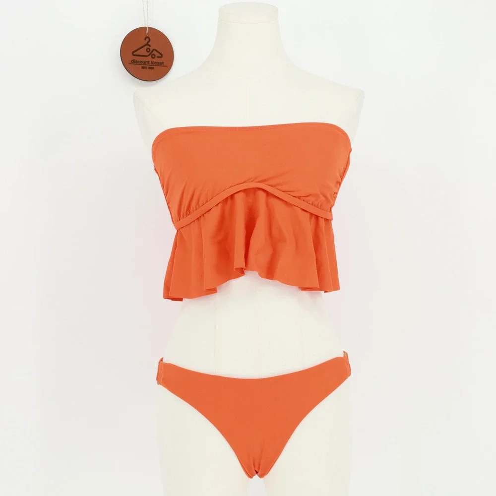 L*Space Orange Ruffle Bandeau Bikini Set Bitsy Cut Bottoms Large Beachwear Swim